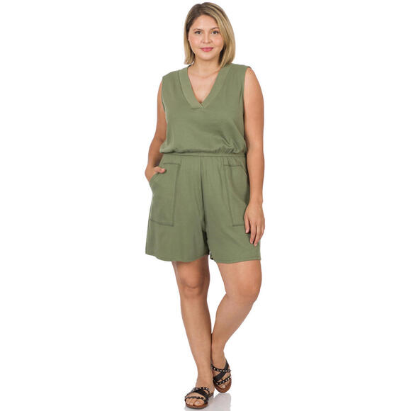 Zenana Comfy cotton sleeveless romper‎ with pockets 3X - Picture 1 of 3